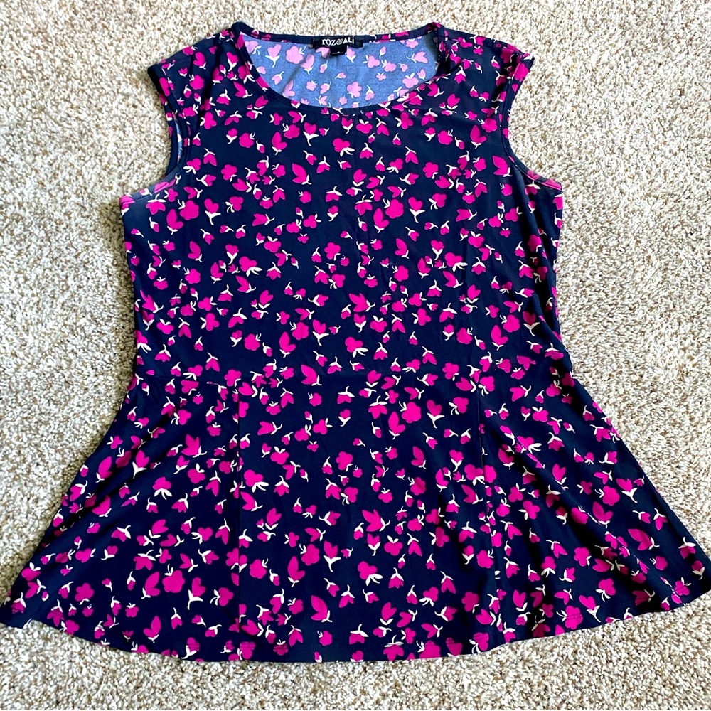 Navy Pink Floral Pleated Tank Top